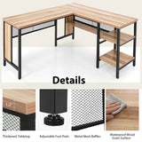 L-shaped Office Desk with Open Shelf &amp; 2-Tier Side Shelves-Natural