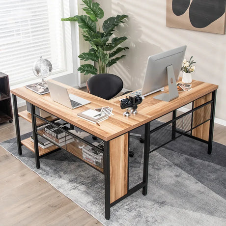 L-shaped Office Desk with Open Shelf &amp; 2-Tier Side Shelves-Natural