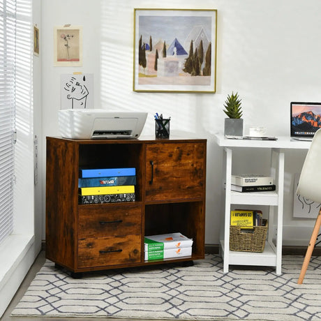 Home Office Mobile File Cabinet with 2 Drawers 2 Open Shelves and Door-Rustic Brown