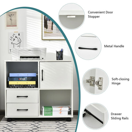 Home Office Mobile File Cabinet with 2 Drawers 2 Open Shelves and Door-White