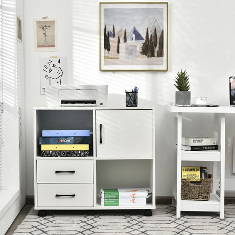 Home Office Mobile File Cabinet with 2 Drawers 2 Open Shelves and Door-White