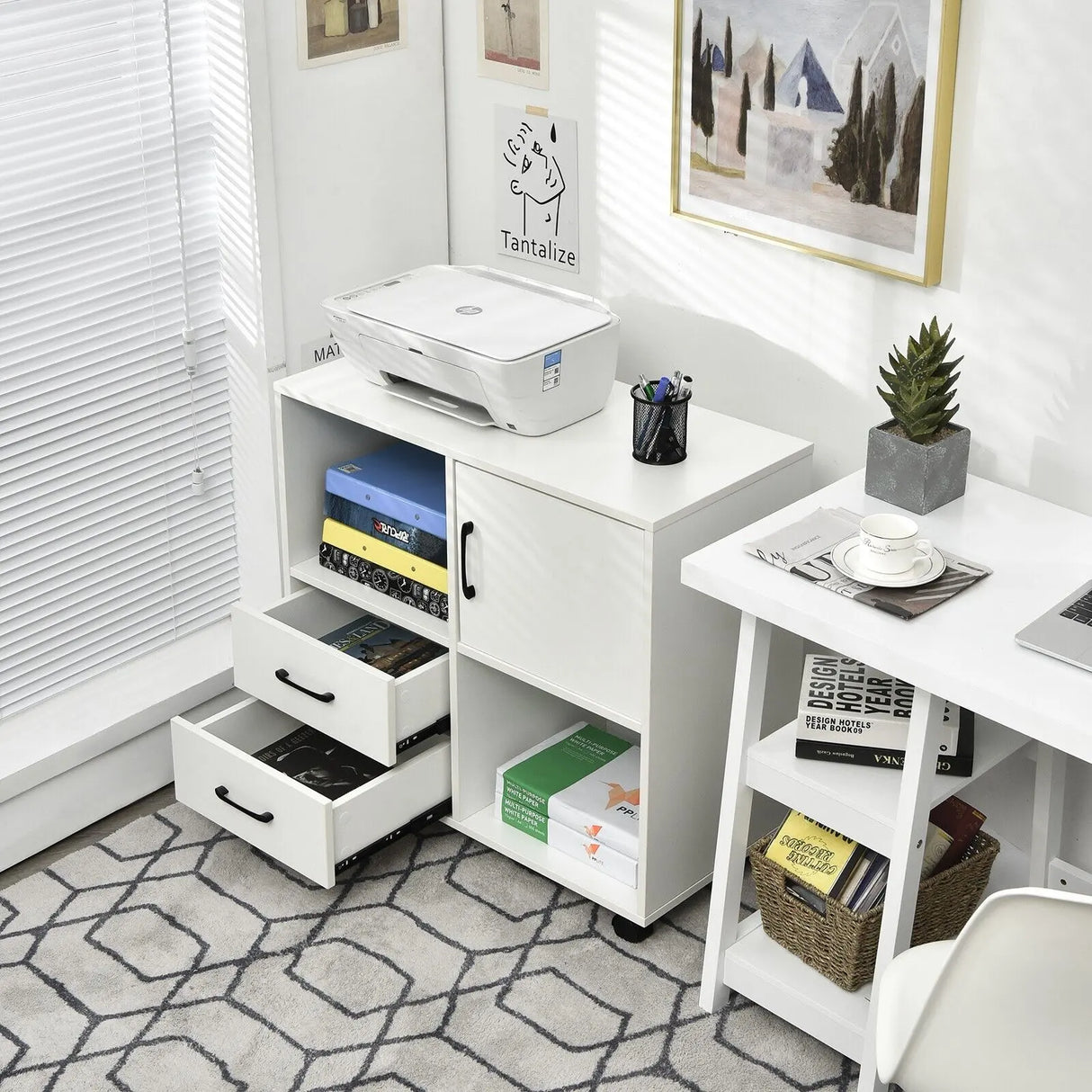 Home Office Mobile File Cabinet with 2 Drawers 2 Open Shelves and Door-White