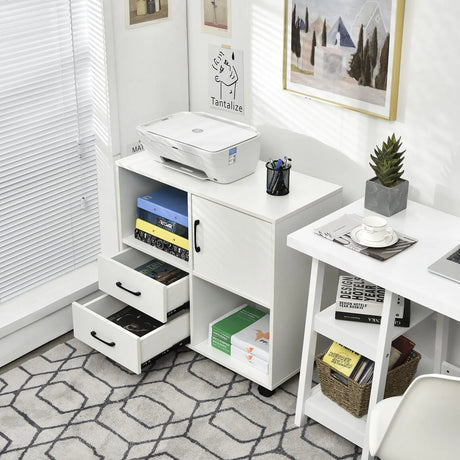 Home Office Mobile File Cabinet with 2 Drawers 2 Open Shelves and Door-White