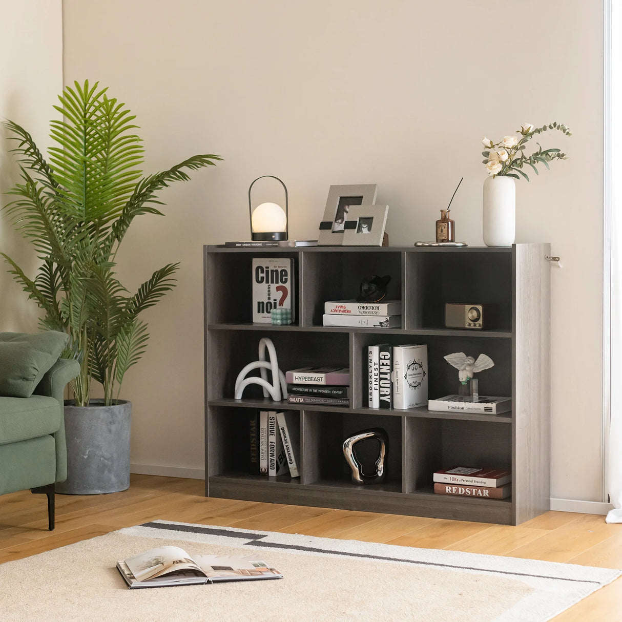 3-Tier Open Bookcase 8-Cube Floor Standing Storage Shelves Display Cabinet-Gray
