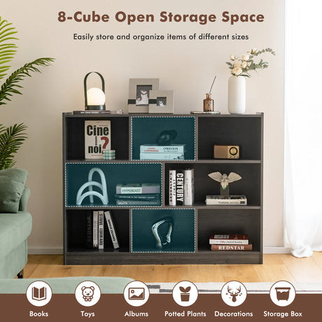 3-Tier Open Bookcase 8-Cube Floor Standing Storage Shelves Display Cabinet-Gray