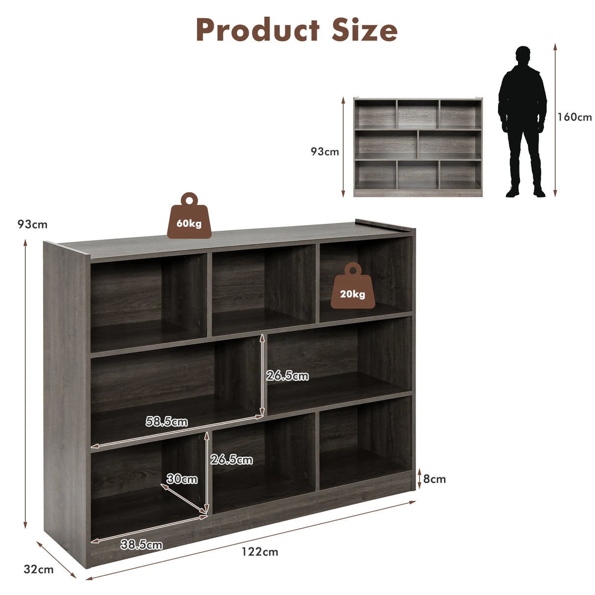 3-Tier Open Bookcase 8-Cube Floor Standing Storage Shelves Display Cabinet-Gray