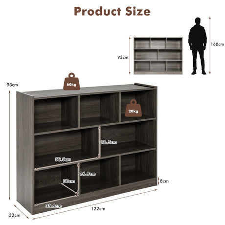 3-Tier Open Bookcase 8-Cube Floor Standing Storage Shelves Display Cabinet-Gray