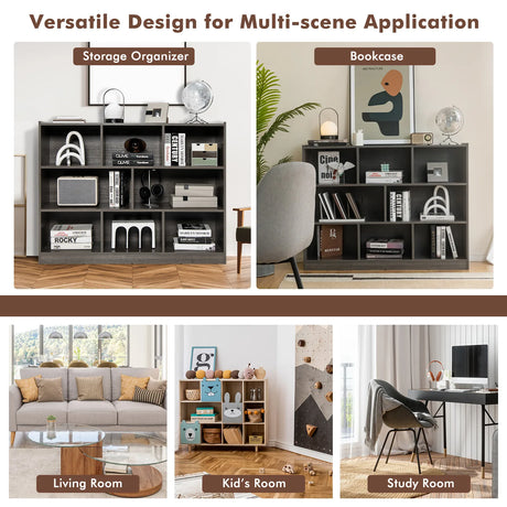 3-Tier Open Bookcase 8-Cube Floor Standing Storage Shelves Display Cabinet-Gray