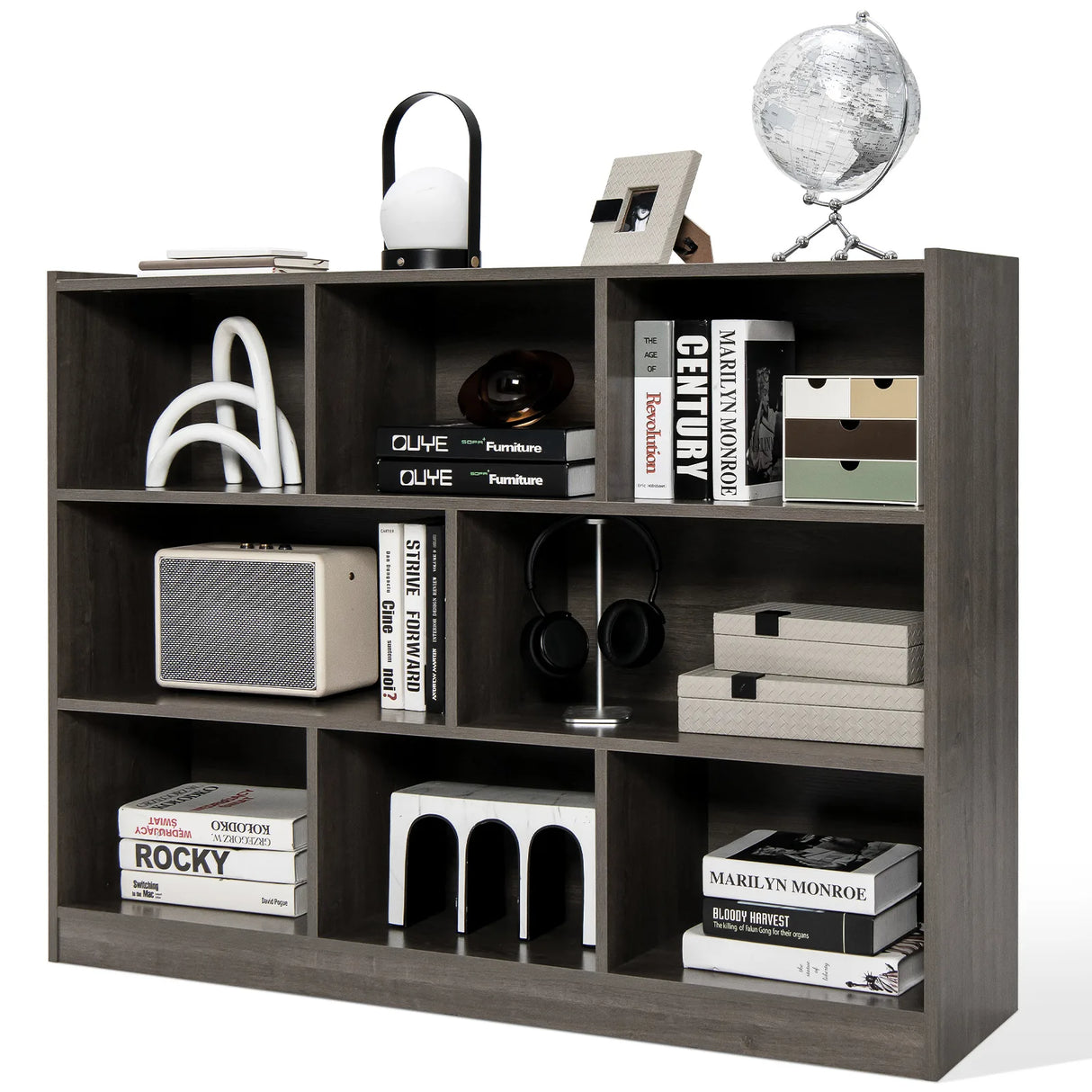 3-Tier Open Bookcase 8-Cube Floor Standing Storage Shelves Display Cabinet-Gray