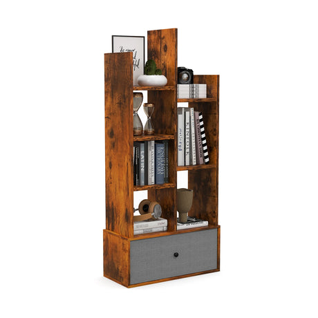 7-Tier Open-Back Bookshelf with Drawer-Rustic Brown