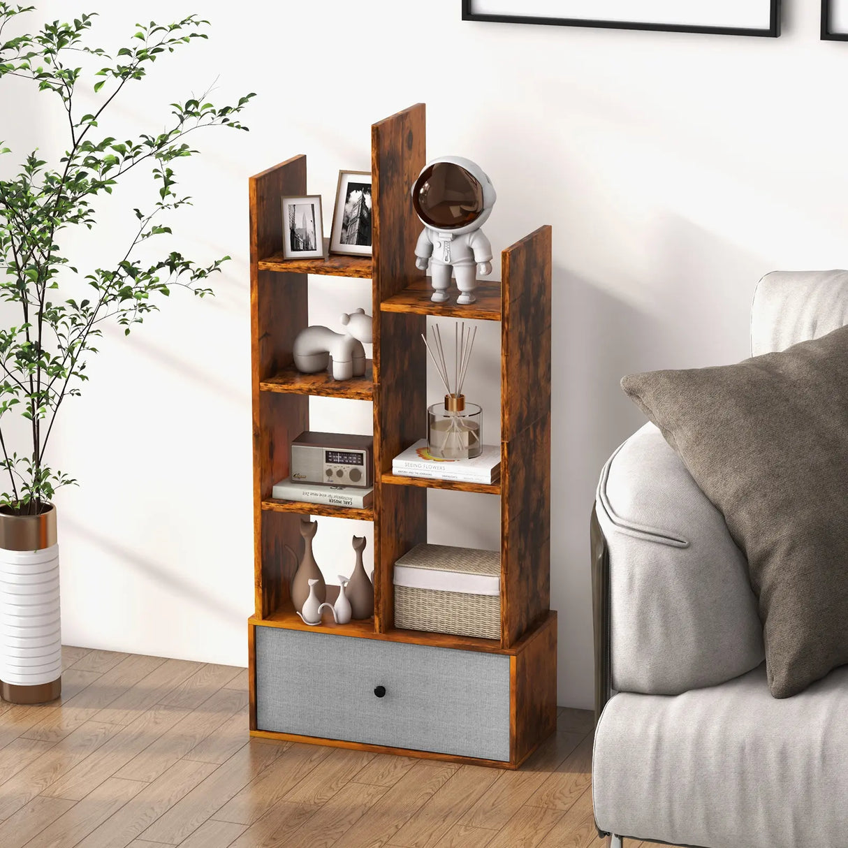 7-Tier Open-Back Bookshelf with Drawer-Rustic Brown