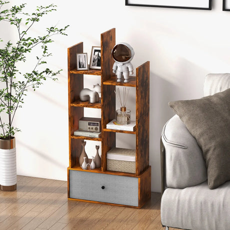 7-Tier Open-Back Bookshelf with Drawer-Rustic Brown