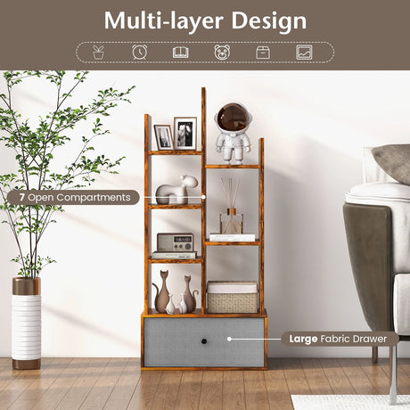 7-Tier Open-Back Bookshelf with Drawer-Rustic Brown