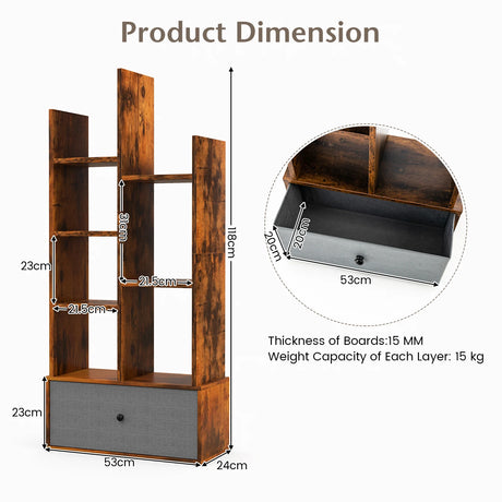 7-Tier Open-Back Bookshelf with Drawer-Rustic Brown