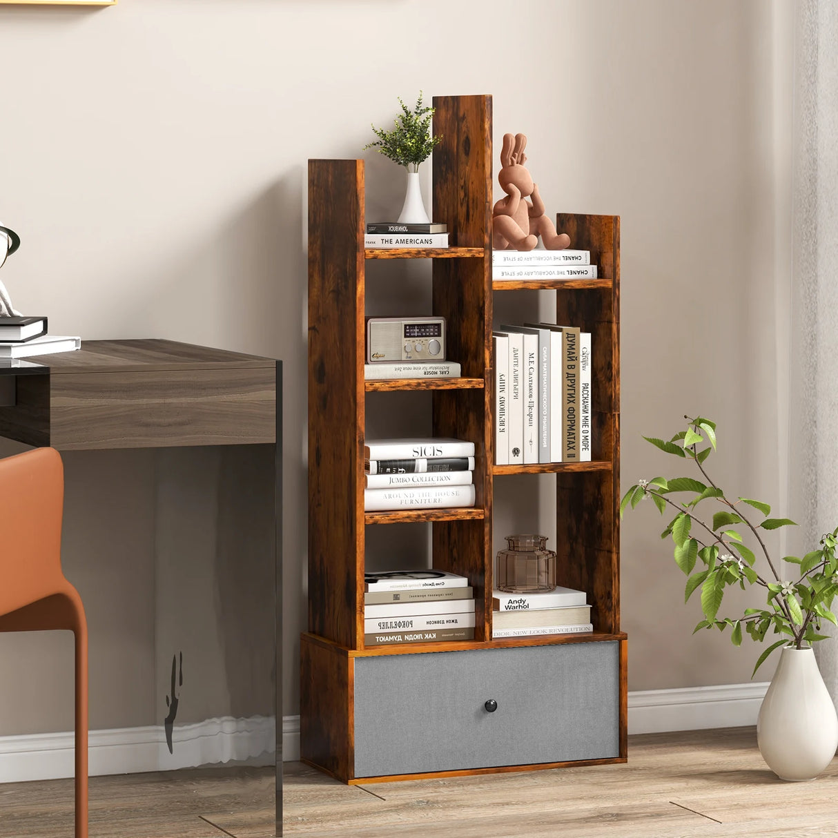 7-Tier Open-Back Bookshelf with Drawer-Rustic Brown