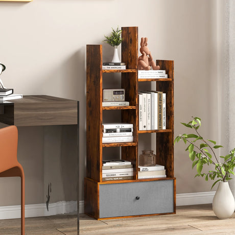 7-Tier Open-Back Bookshelf with Drawer-Rustic Brown