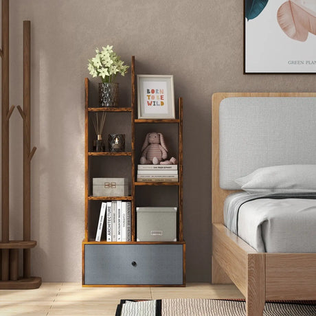 7-Tier Open-Back Bookshelf with Drawer-Rustic Brown