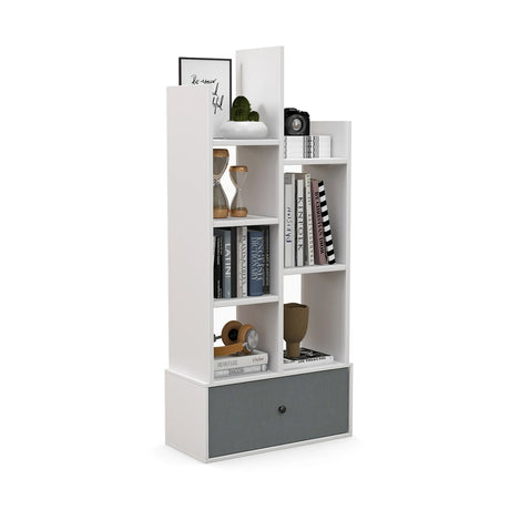 7-Tier Open-Back Bookshelf with Drawer-White