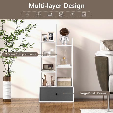 7-Tier Open-Back Bookshelf with Drawer-White