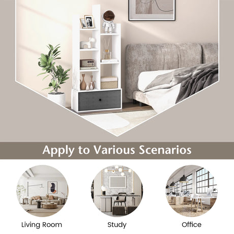 7-Tier Open-Back Bookshelf with Drawer-White