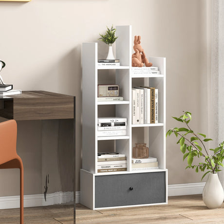 7-Tier Open-Back Bookshelf with Drawer-White
