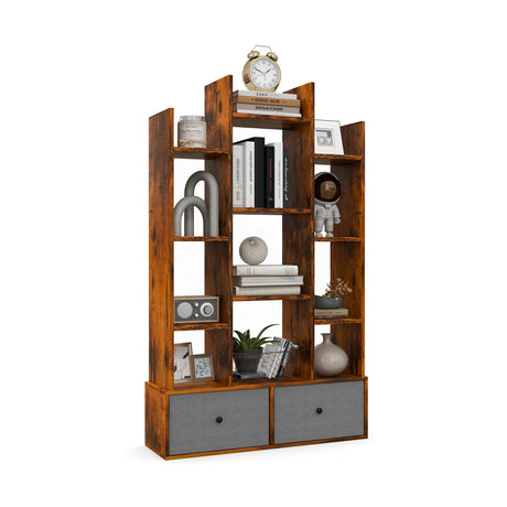 12-Tier Open-Back Freestanding Bookshelf with Drawer-Rustic Brown