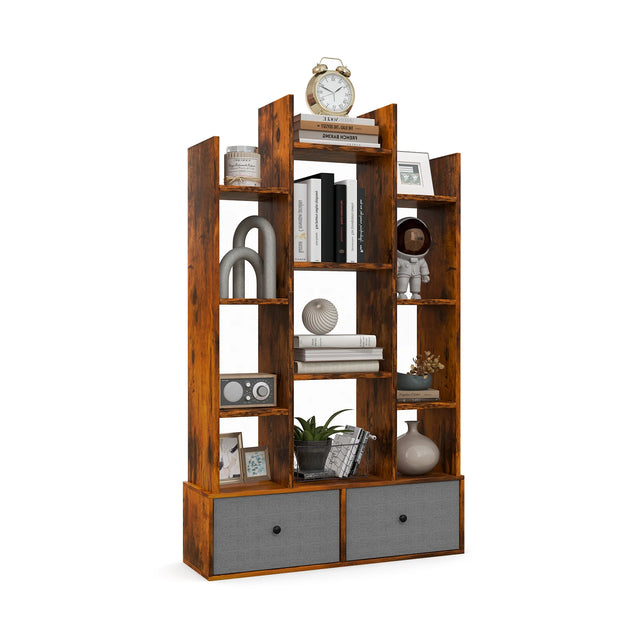 12-Tier Open-Back Freestanding Bookshelf with Drawer-Rustic Brown
