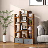 12-Tier Open-Back Freestanding Bookshelf with Drawer-Rustic Brown