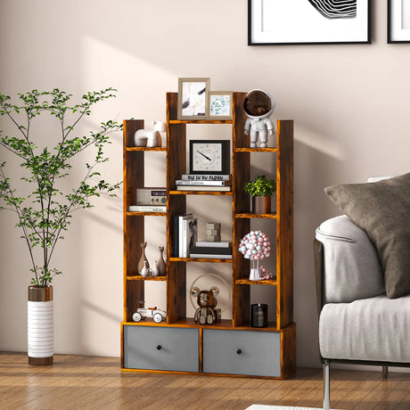 12-Tier Open-Back Freestanding Bookshelf with Drawer-Rustic Brown