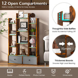 12-Tier Open-Back Freestanding Bookshelf with Drawer-Rustic Brown