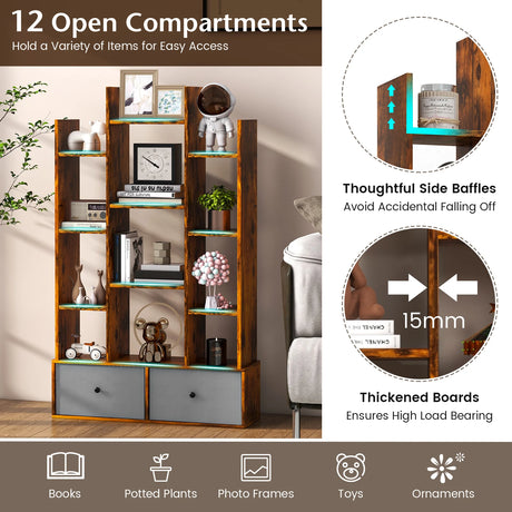 12-Tier Open-Back Freestanding Bookshelf with Drawer-Rustic Brown