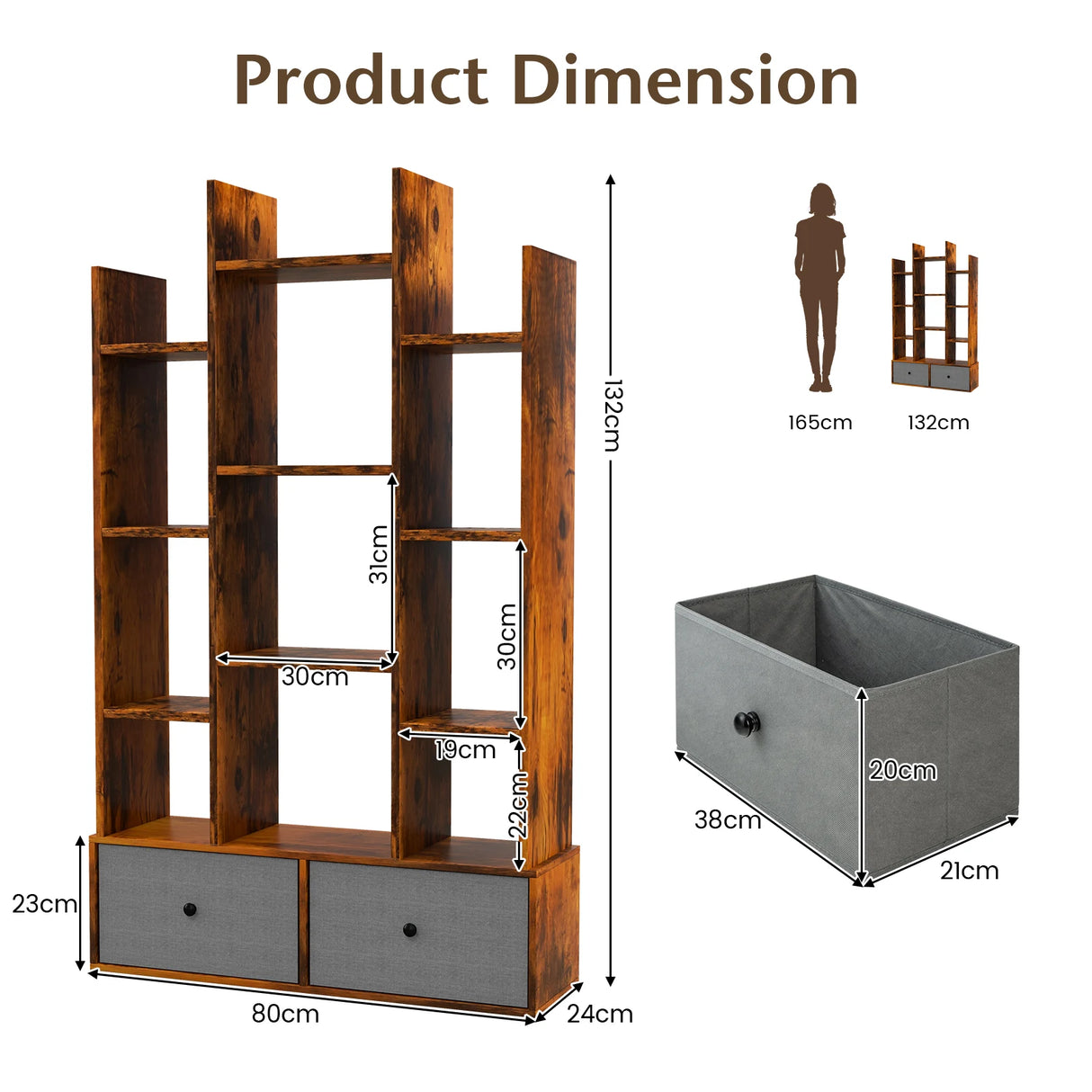 12-Tier Open-Back Freestanding Bookshelf with Drawer-Rustic Brown