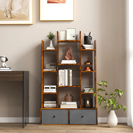 12-Tier Open-Back Freestanding Bookshelf with Drawer-Rustic Brown