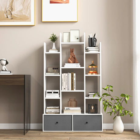 12-Tier Open-Back Freestanding Bookshelf with Drawer-White