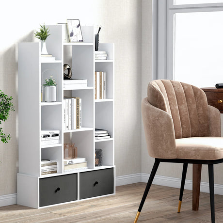 12-Tier Open-Back Freestanding Bookshelf with Drawer-White