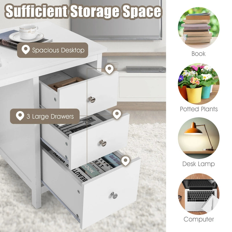 3-Drawer Home Office Study Computer Desk with Spacious Desktop-White