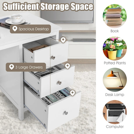 3-Drawer Home Office Study Computer Desk with Spacious Desktop-White