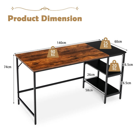 55" Modern Industrial Style Study Writing Desk with 2 Storage Shelves