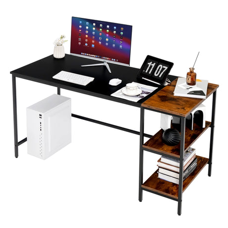 55" Modern Industrial Style Study Writing Desk with 2 Storage Shelves-Black