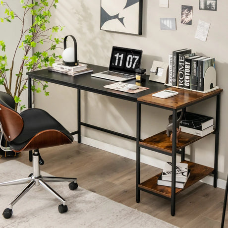 55" Modern Industrial Style Study Writing Desk with 2 Storage Shelves-Black