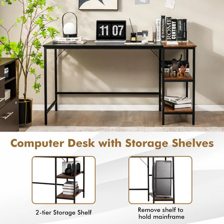 55" Modern Industrial Style Study Writing Desk with 2 Storage Shelves-Black