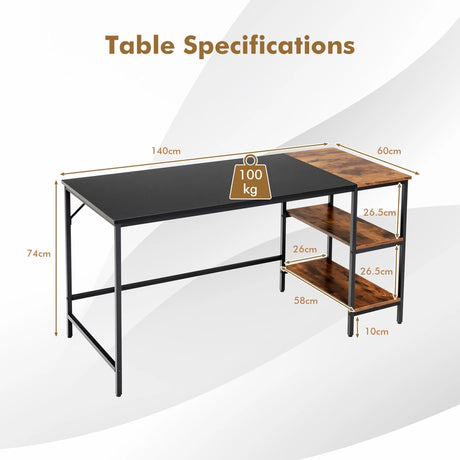 55" Modern Industrial Style Study Writing Desk with 2 Storage Shelves-Black