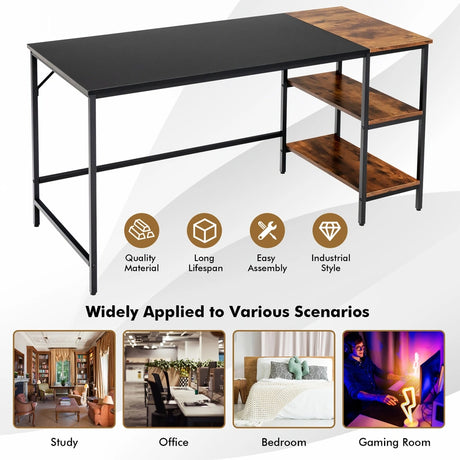 55" Modern Industrial Style Study Writing Desk with 2 Storage Shelves-Black