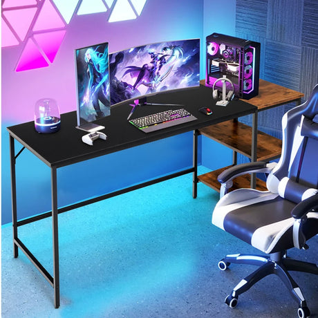 55" Modern Industrial Style Study Writing Desk with 2 Storage Shelves-Black