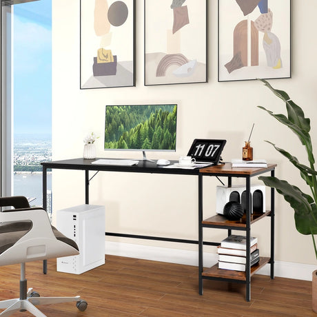 55" Modern Industrial Style Study Writing Desk with 2 Storage Shelves-Black