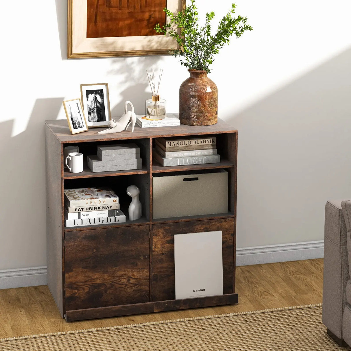 90cm Cube Bookcase with Adjustable Shelves and Pull-Out Shelf-Natural