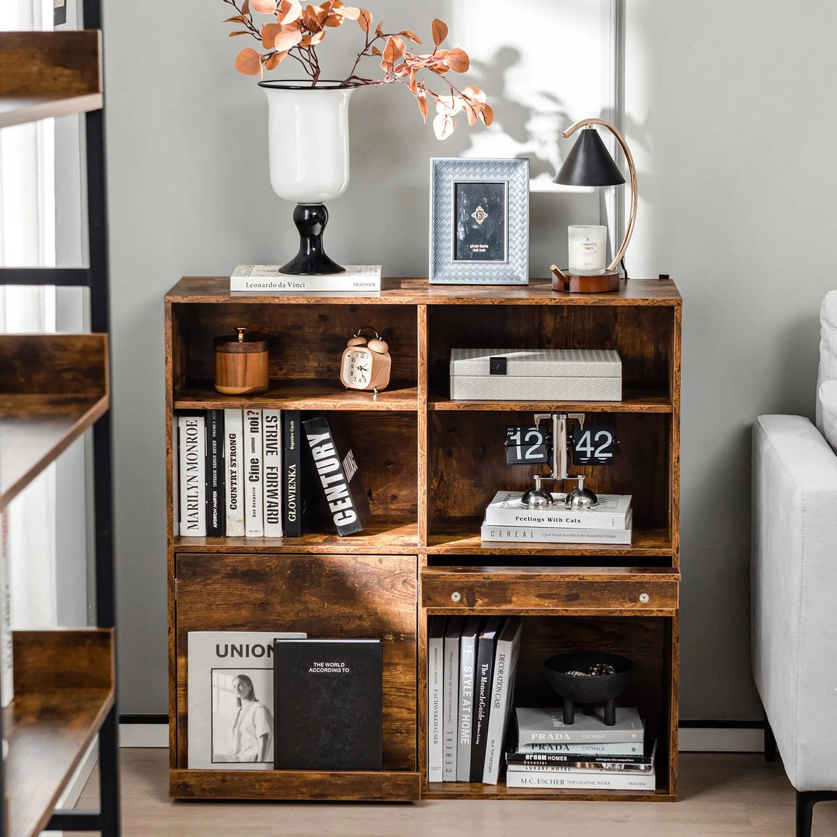 90cm Cube Bookcase with Adjustable Shelves and Pull-Out Shelf-Natural