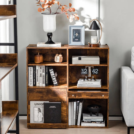 90cm Cube Bookcase with Adjustable Shelves and Pull-Out Shelf-Natural