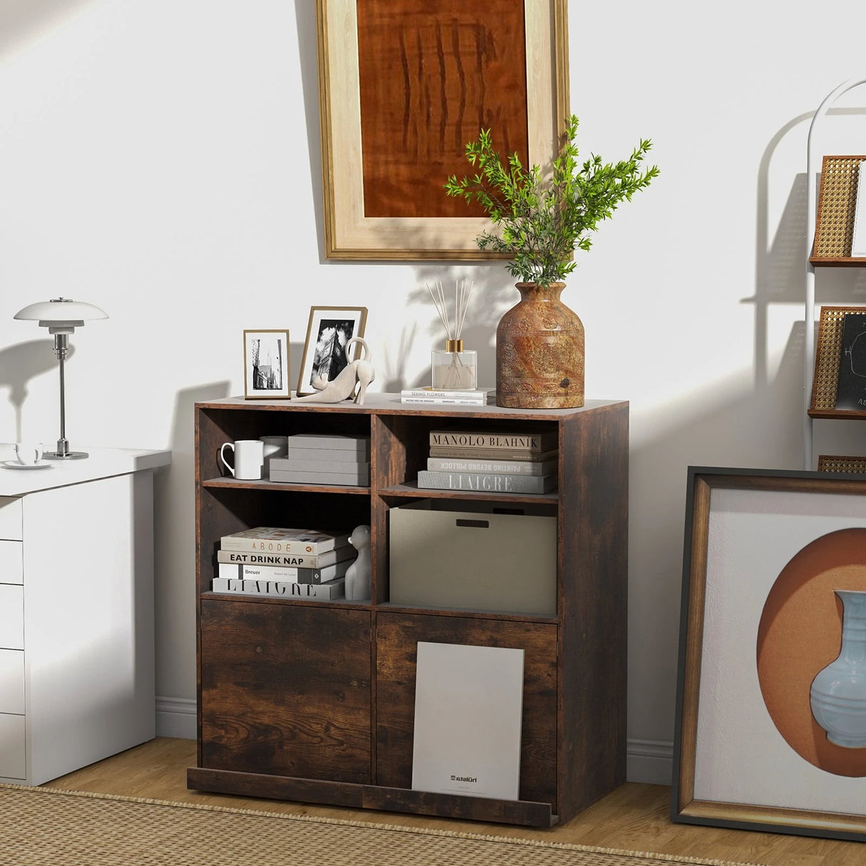 90cm Cube Bookcase with Adjustable Shelves and Pull-Out Shelf-Natural