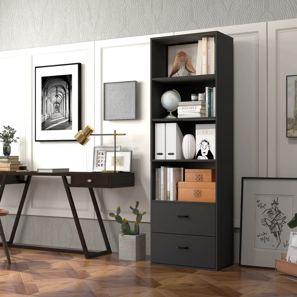 6-Tier Tall Freestanding Bookshelf with 4 Open Shelves and 2 Drawers-Black